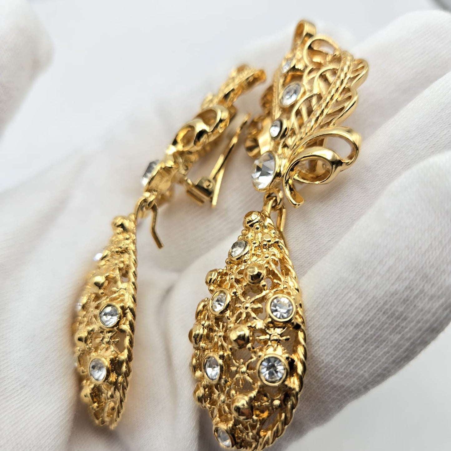 Vintage JOSE MARIA BARRERA For AVON Versatile Elegance Rhinestones Gold Tone Dangle Clip on Earrings