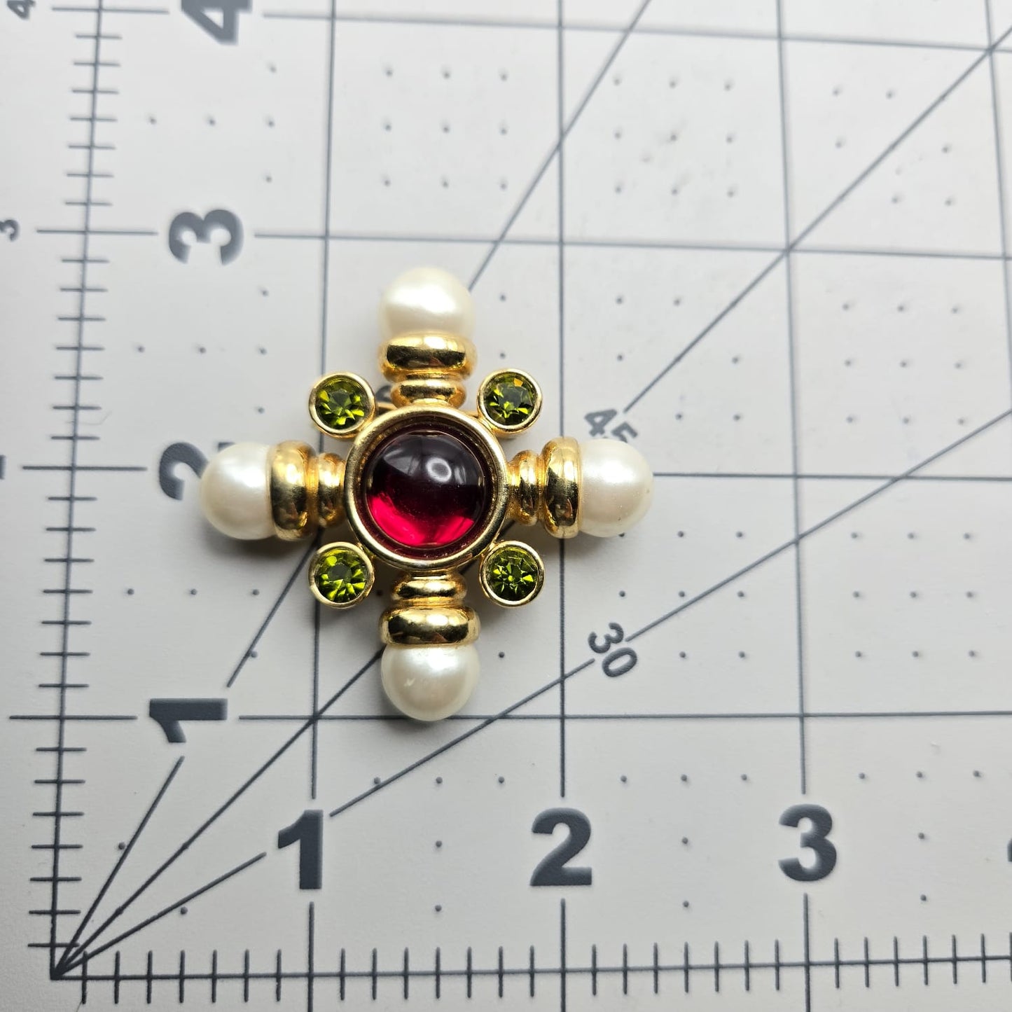 Vintage AVON Gripoix Maltese Cross, Green Rhinestones, Faux Pearls, Red Cabochon, Gold Tone Brooch Pin
