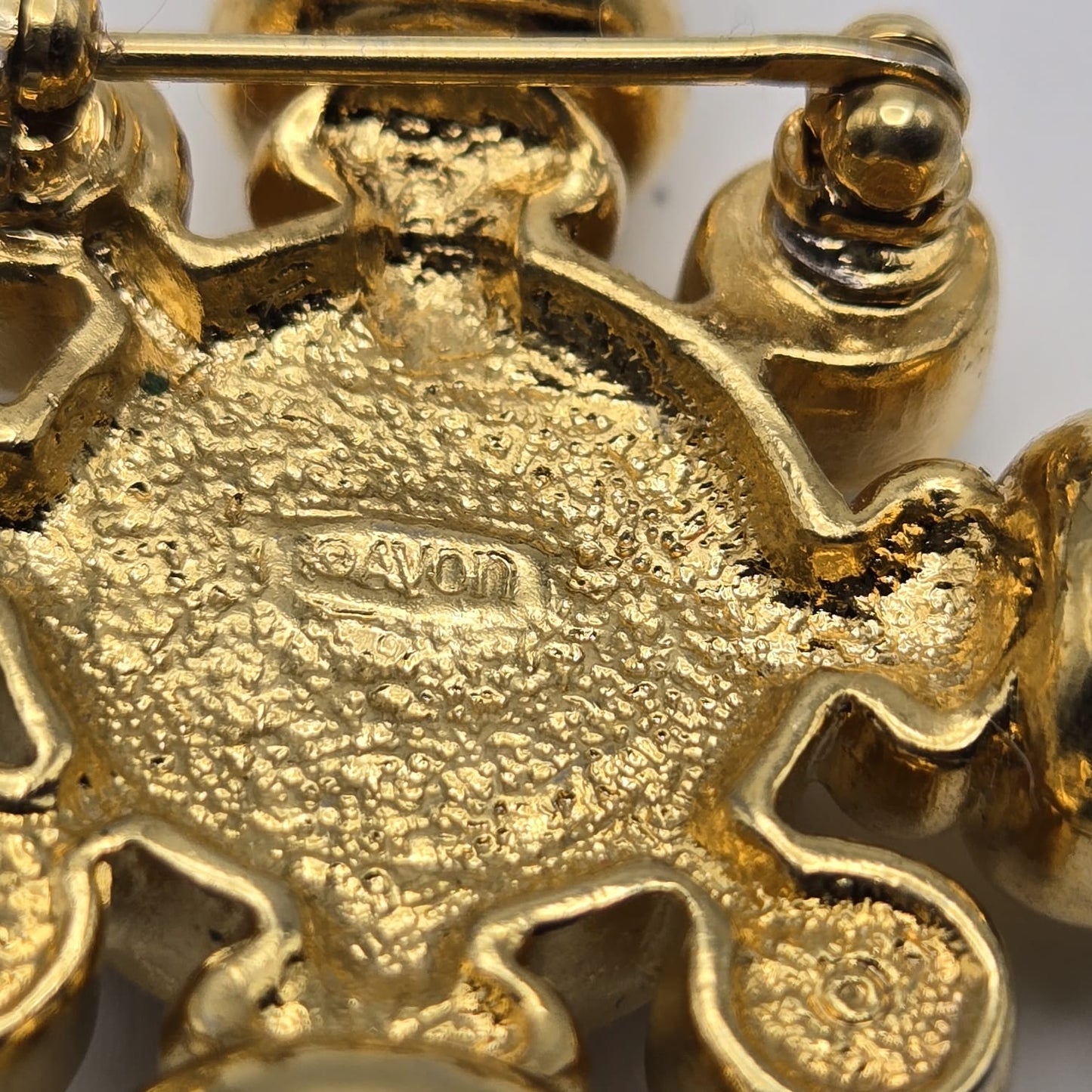 Vintage AVON Gripoix Maltese Cross, Green Rhinestones, Faux Pearls, Red Cabochon, Gold Tone Brooch Pin