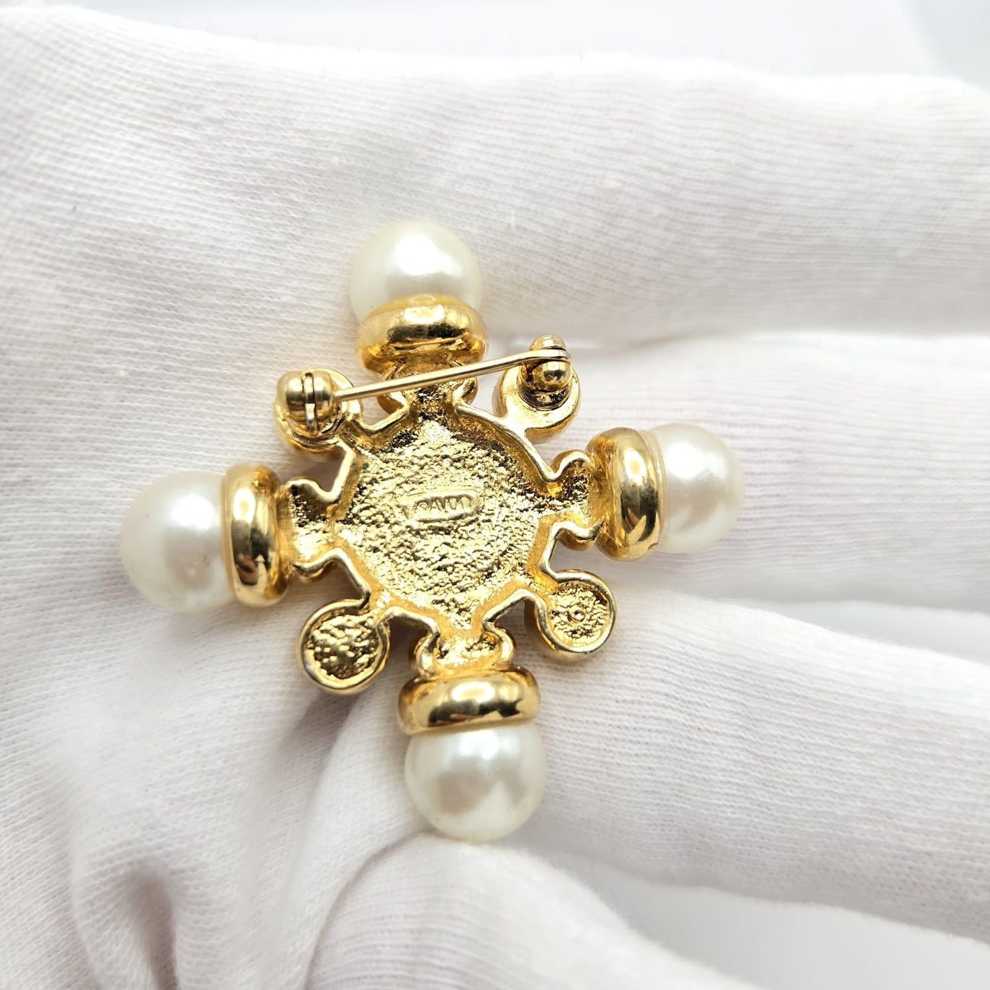 Vintage AVON Gripoix Maltese Cross, Green Rhinestones, Faux Pearls, Red Cabochon, Gold Tone Brooch Pin