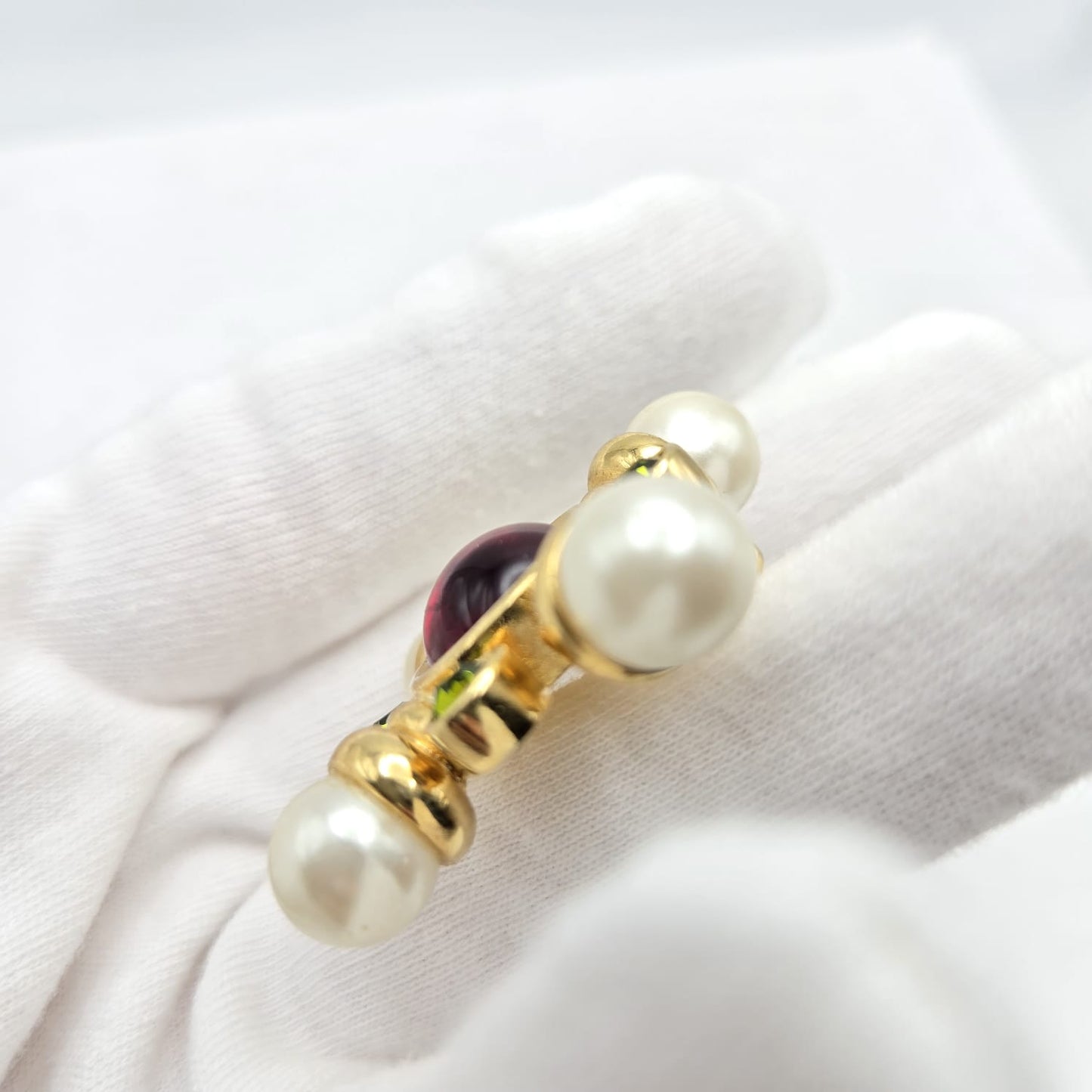 Vintage AVON Gripoix Maltese Cross, Green Rhinestones, Faux Pearls, Red Cabochon, Gold Tone Brooch Pin