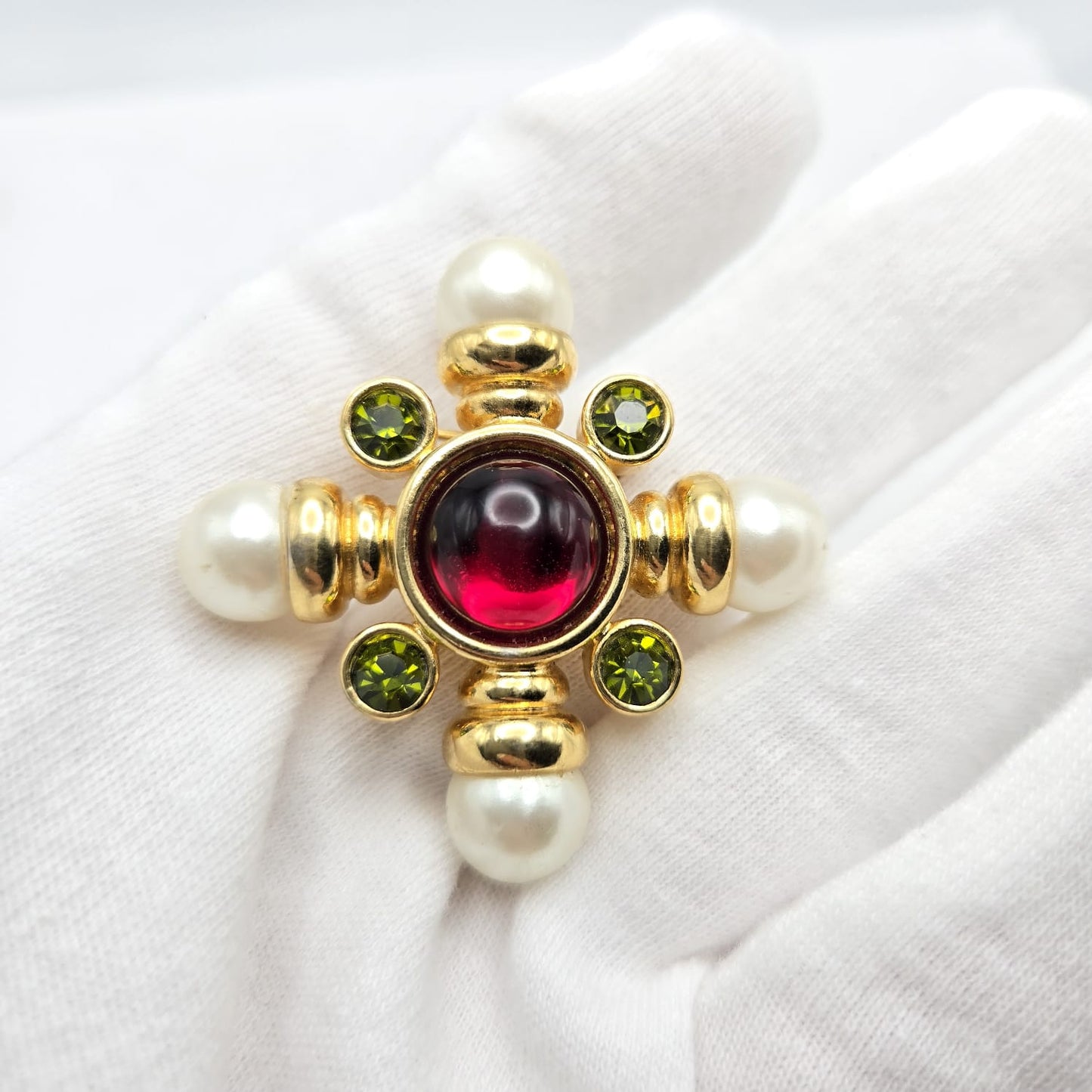 Vintage AVON Gripoix Maltese Cross, Green Rhinestones, Faux Pearls, Red Cabochon, Gold Tone Brooch Pin