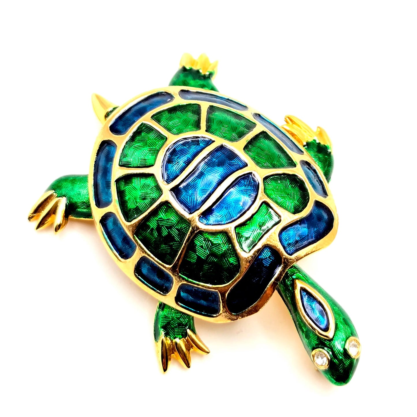 Vintage MARCEL BOUCHER Turtle, Blue and Green Enamel, Rhinestones, Gold Tone Brooch