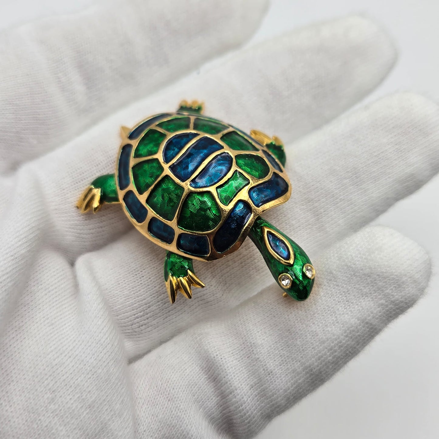 Vintage MARCEL BOUCHER Turtle, Blue and Green Enamel, Rhinestones, Gold Tone Brooch