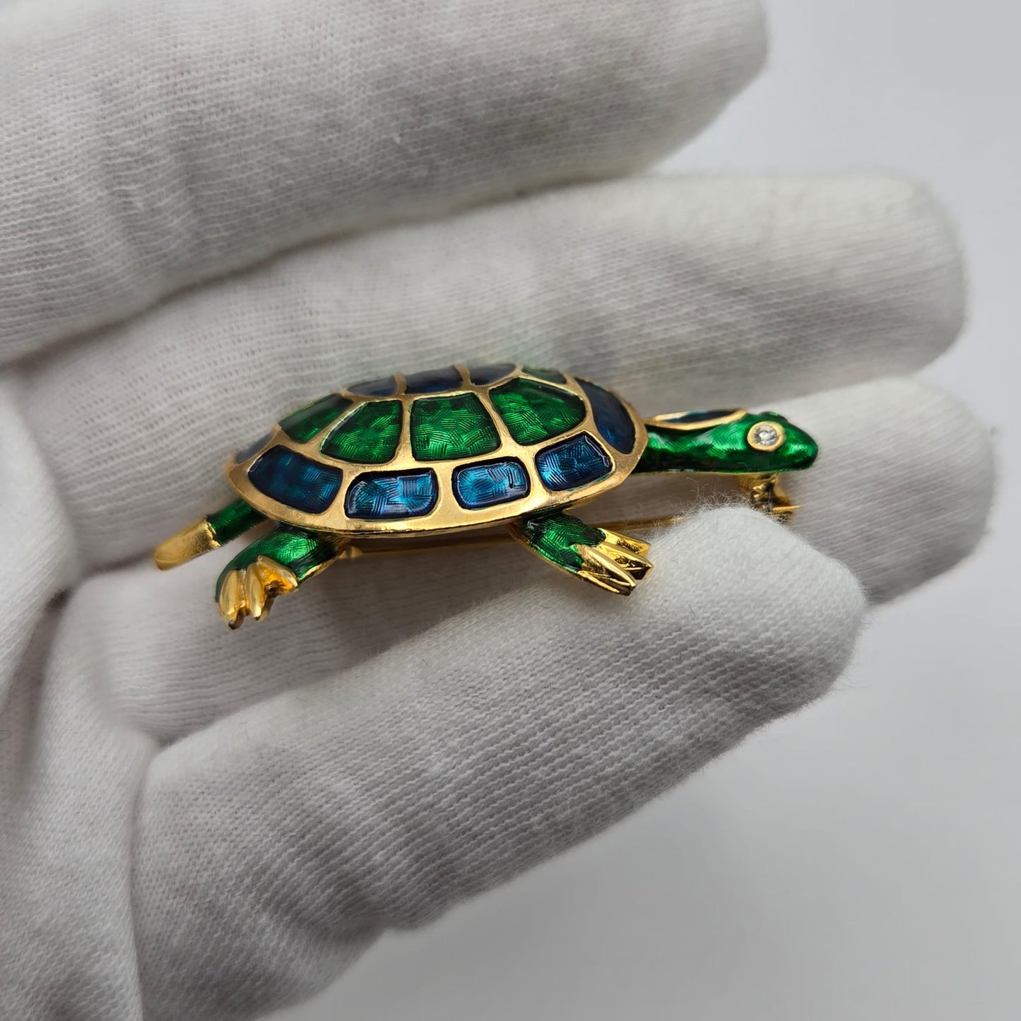 Vintage MARCEL BOUCHER Turtle, Blue and Green Enamel, Rhinestones, Gold Tone Brooch
