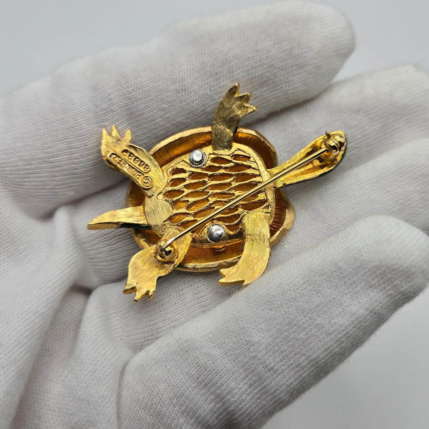 Vintage MARCEL BOUCHER Turtle, Blue and Green Enamel, Rhinestones, Gold Tone Brooch