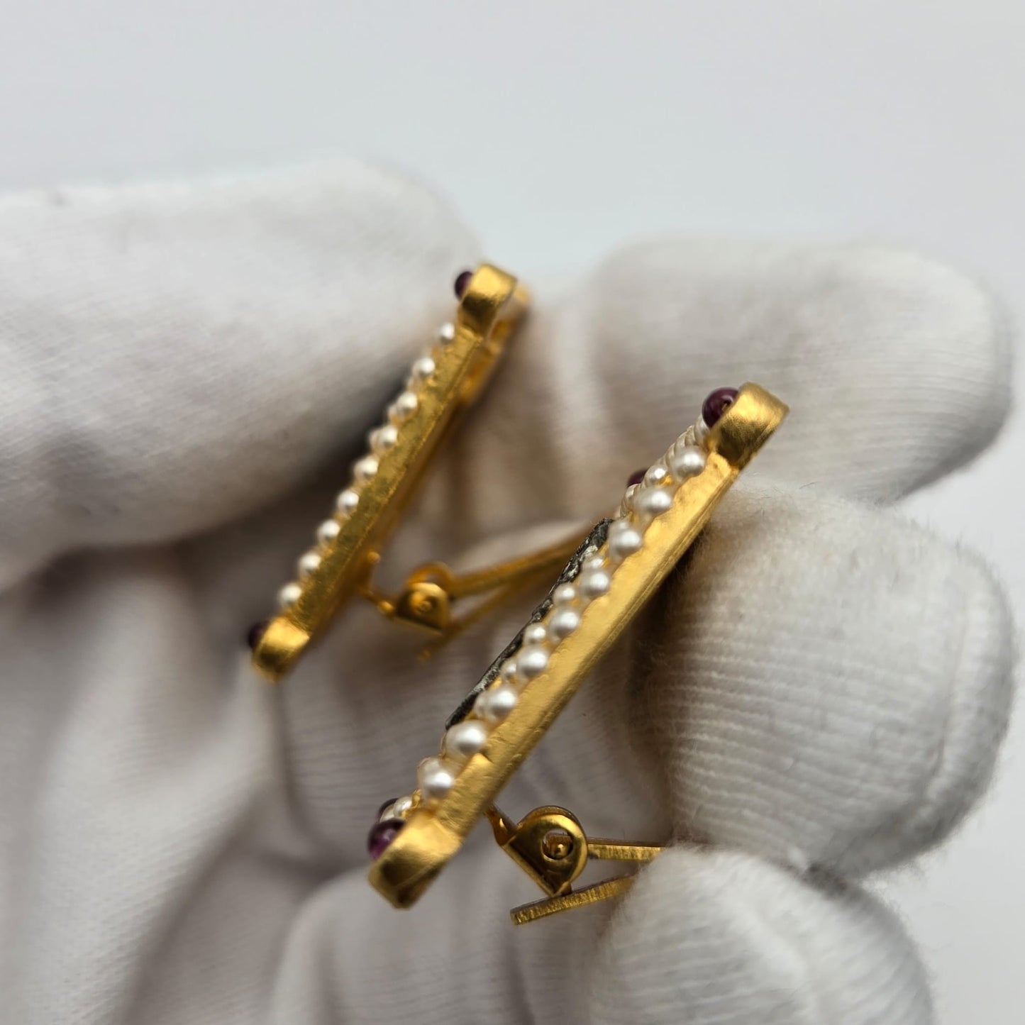 Vintage LINDA LEVINSON Greek Coin Faux Pearls, Red Cabochon, Gold Tone Clip on Earrings