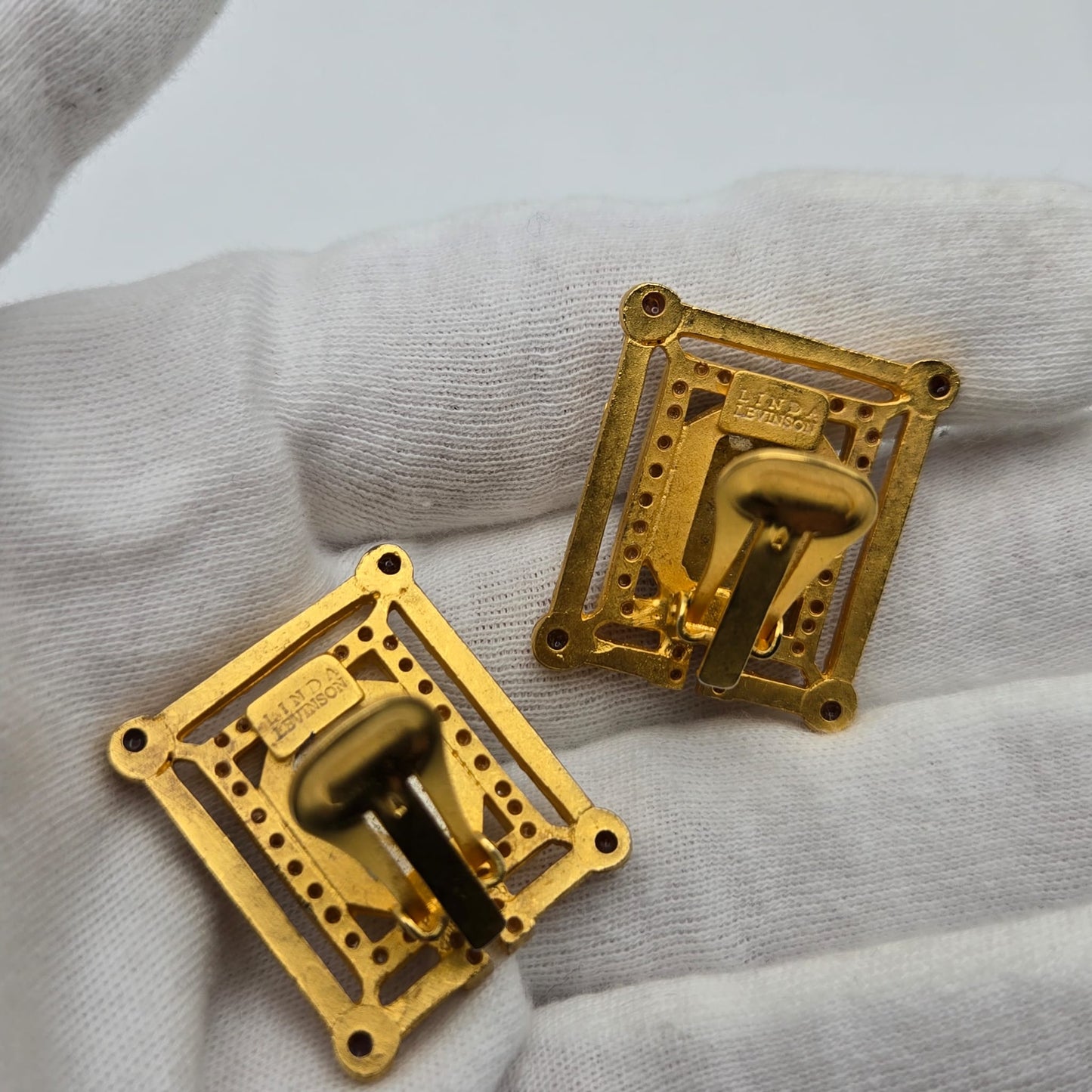 Vintage LINDA LEVINSON Greek Coin Faux Pearls, Red Cabochon, Gold Tone Clip on Earrings