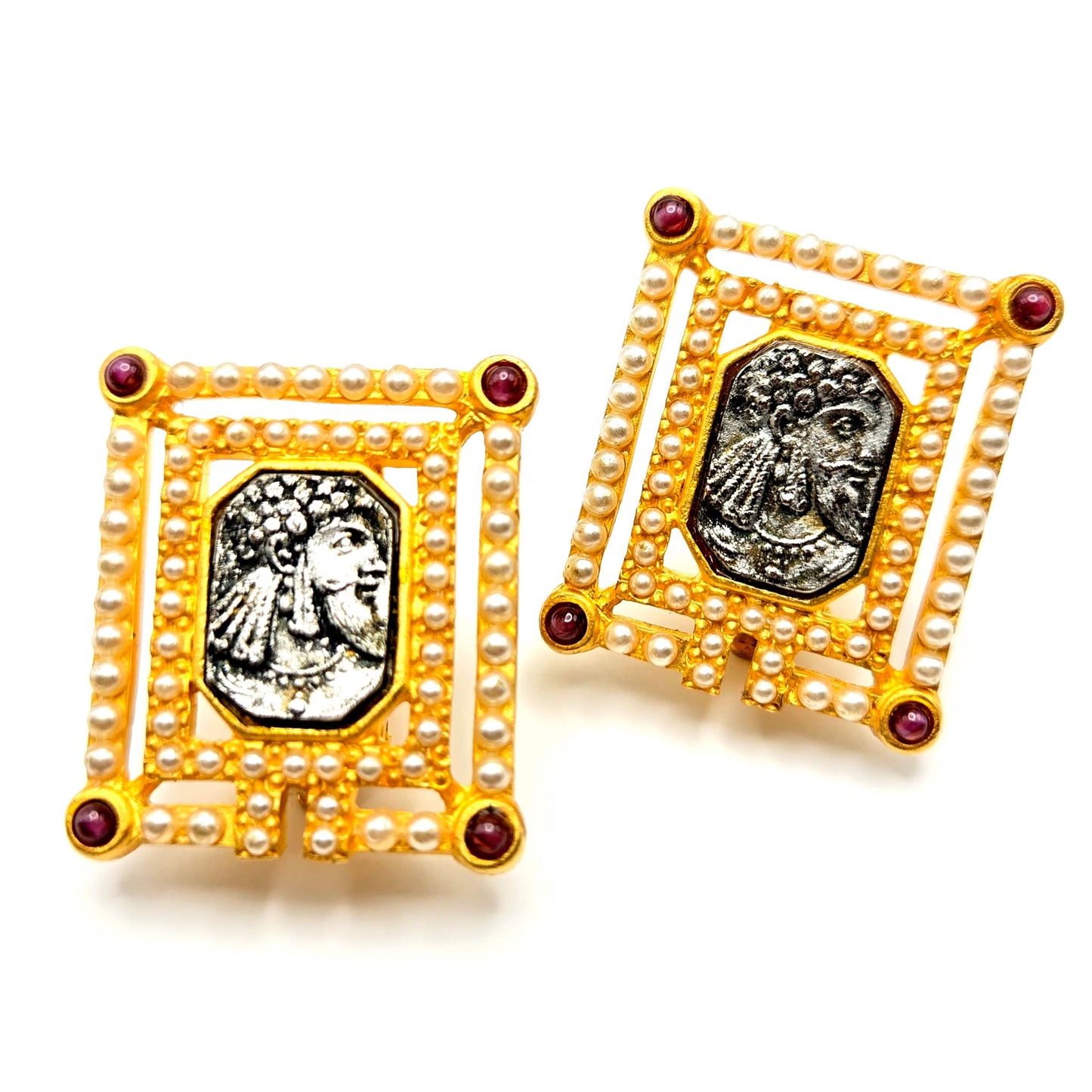 Vintage LINDA LEVINSON Greek Coin Faux Pearls, Red Cabochon, Gold Tone Clip on Earrings