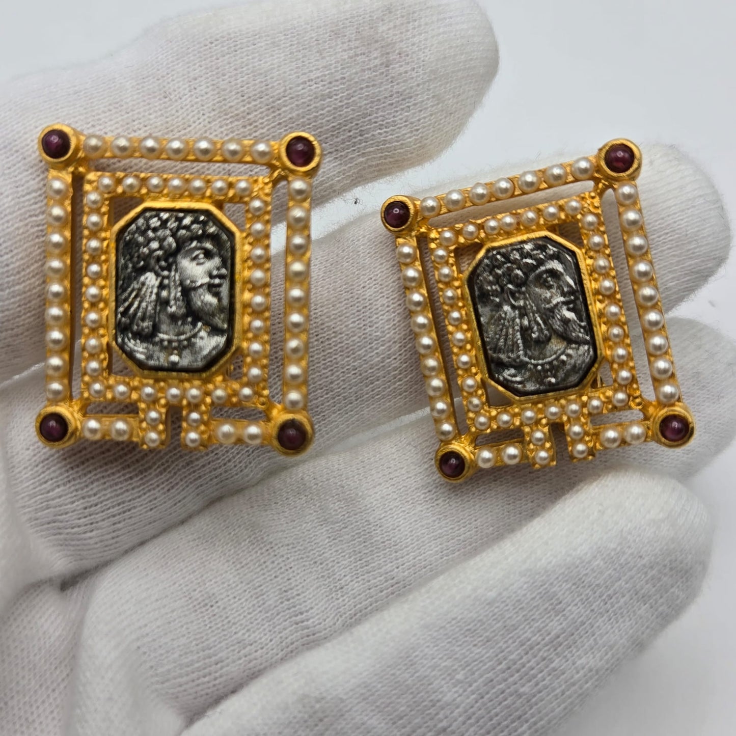 Vintage LINDA LEVINSON Greek Coin Faux Pearls, Red Cabochon, Gold Tone Clip on Earrings