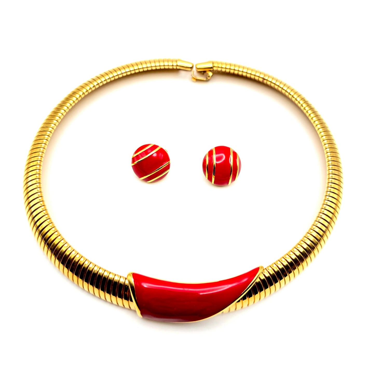 Vintage MONET Cleopatra Style Choker Red Enamel, Gold Tone Necklace and Clip on Earrings Set