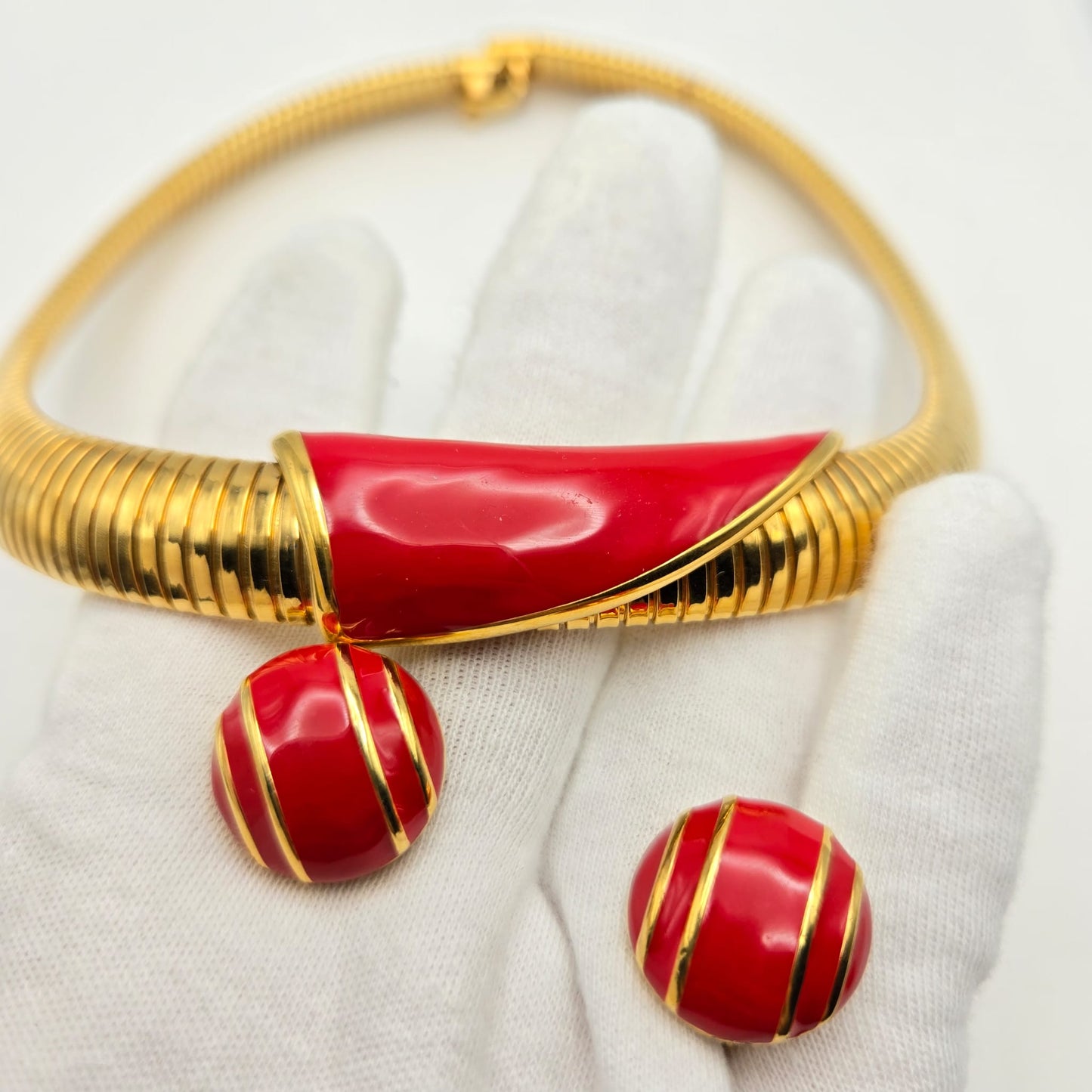 Vintage MONET Cleopatra Style Choker Red Enamel, Gold Tone Necklace and Clip on Earrings Set
