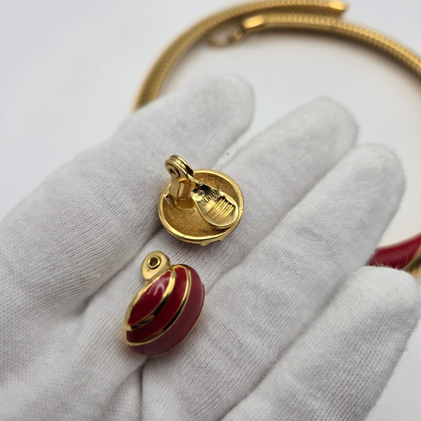 Vintage MONET Cleopatra Style Choker Red Enamel, Gold Tone Necklace and Clip on Earrings Set