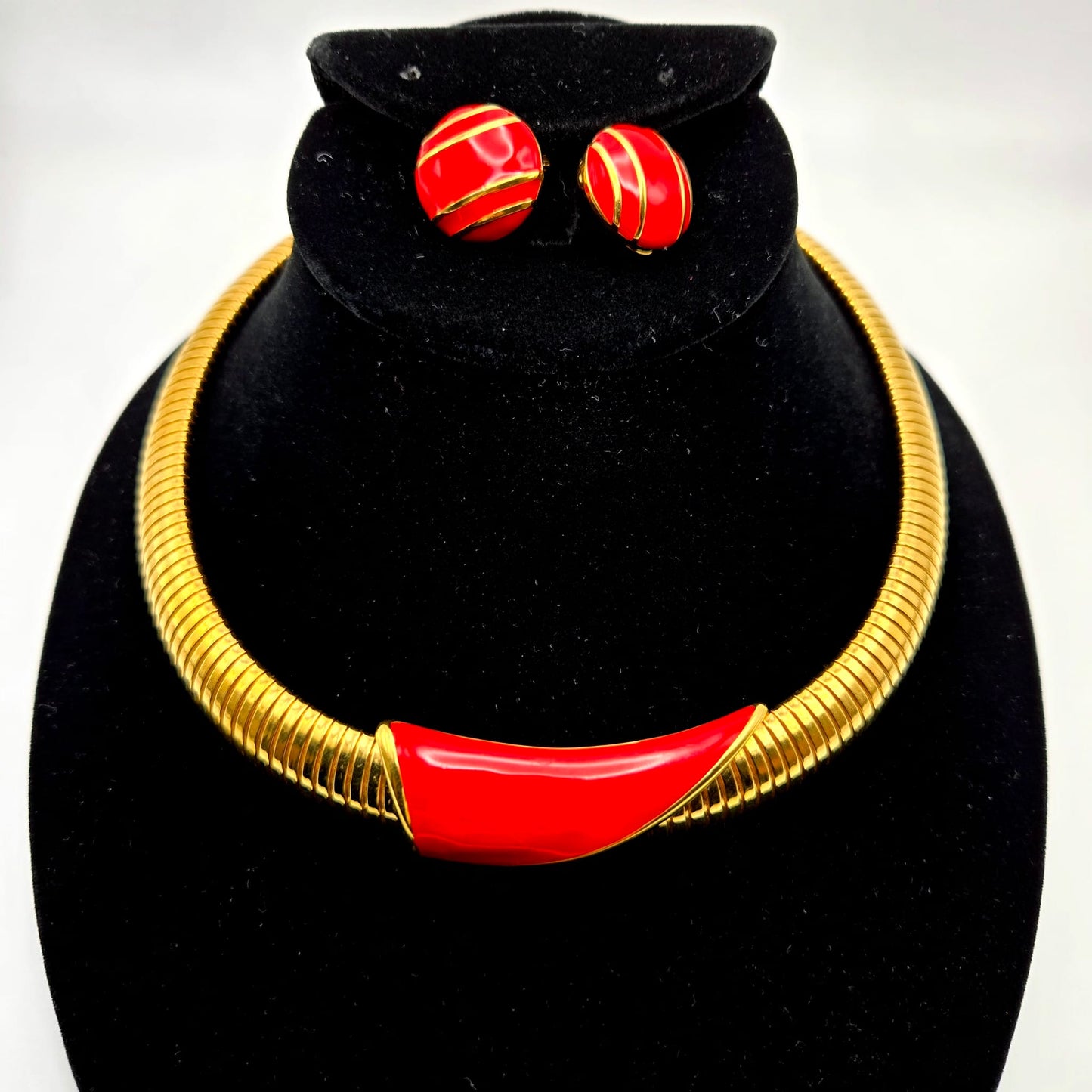 Vintage MONET Cleopatra Style Choker Red Enamel, Gold Tone Necklace and Clip on Earrings Set
