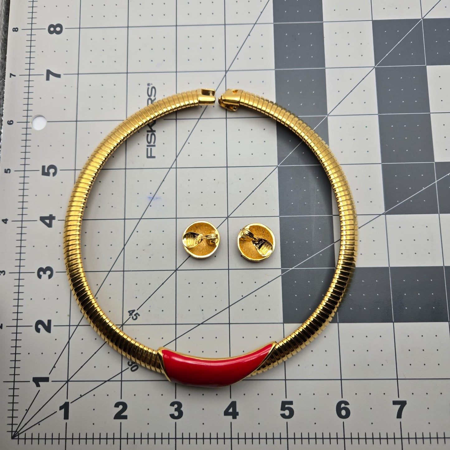 Vintage MONET Cleopatra Style Choker Red Enamel, Gold Tone Necklace and Clip on Earrings Set