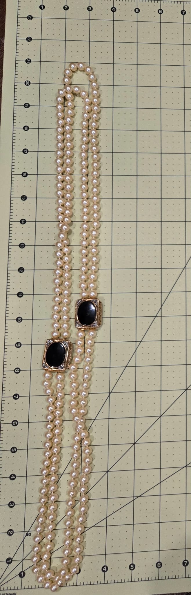 Vintage PANETTA Signed Black Glass Cabochon Rhinestones Gold Tone Long Faux Pearls Necklace Very Rare Runway Designer