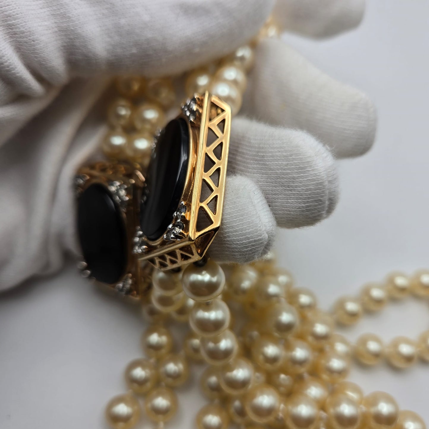 Vintage PANETTA Signed Black Glass Cabochon Rhinestones Gold Tone Long Faux Pearls Necklace Very Rare Runway Designer