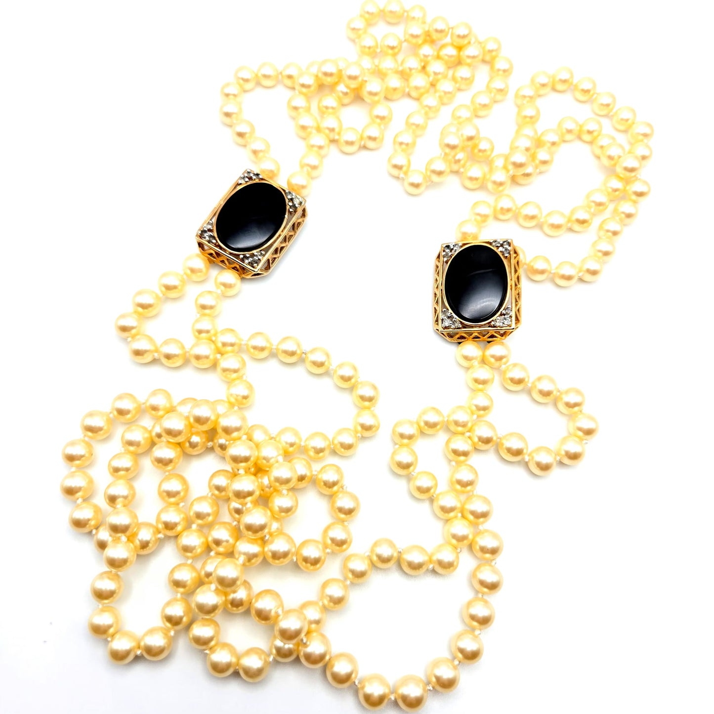 Vintage PANETTA Signed Black Glass Cabochon Rhinestones Gold Tone Long Faux Pearls Necklace Very Rare Runway Designer