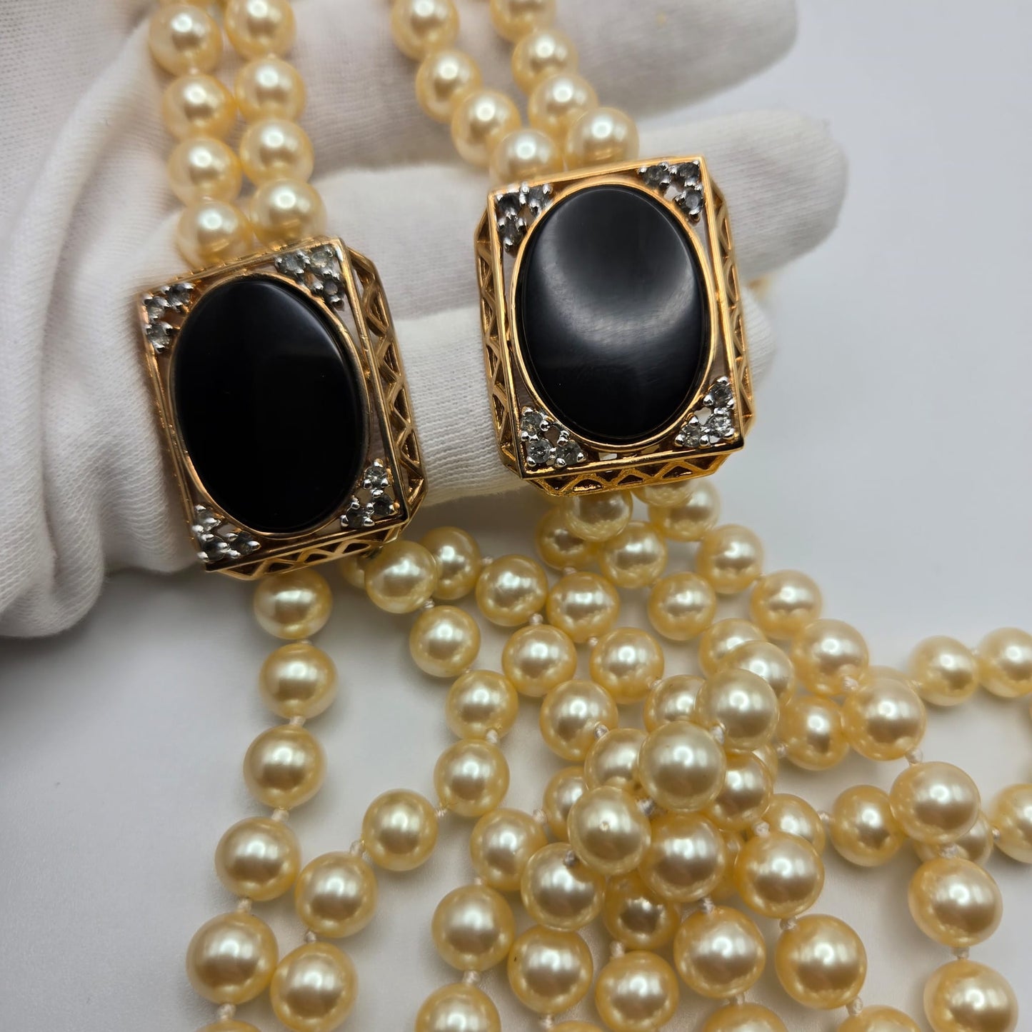 Vintage PANETTA Signed Black Glass Cabochon Rhinestones Gold Tone Long Faux Pearls Necklace Very Rare Runway Designer