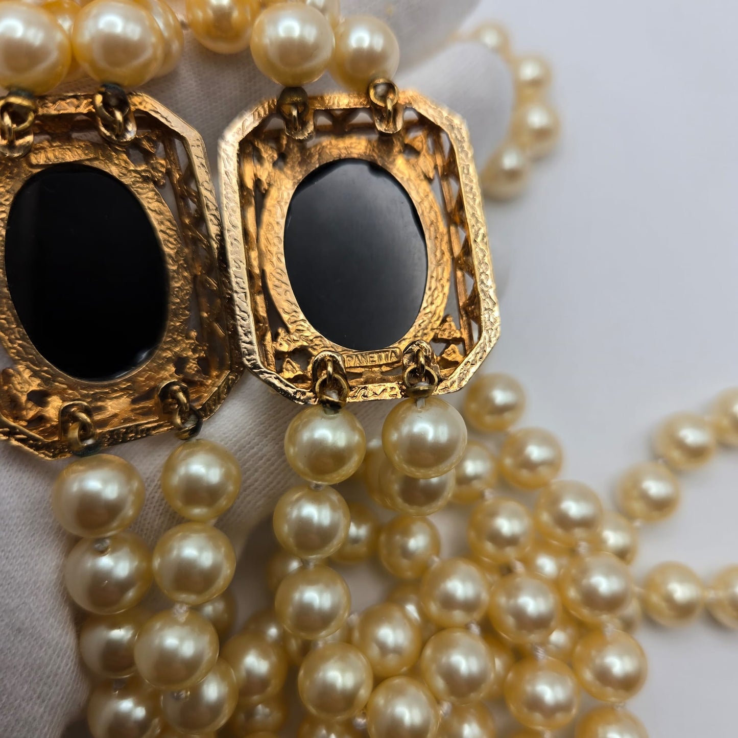 Vintage PANETTA Signed Black Glass Cabochon Rhinestones Gold Tone Long Faux Pearls Necklace Very Rare Runway Designer