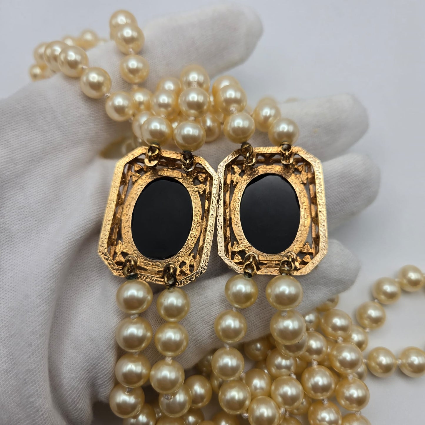 Vintage PANETTA Signed Black Glass Cabochon Rhinestones Gold Tone Long Faux Pearls Necklace Very Rare Runway Designer