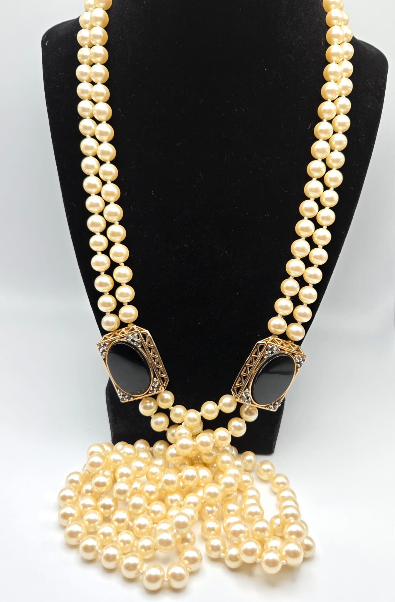 Vintage PANETTA Signed Black Glass Cabochon Rhinestones Gold Tone Long Faux Pearls Necklace Very Rare Runway Designer