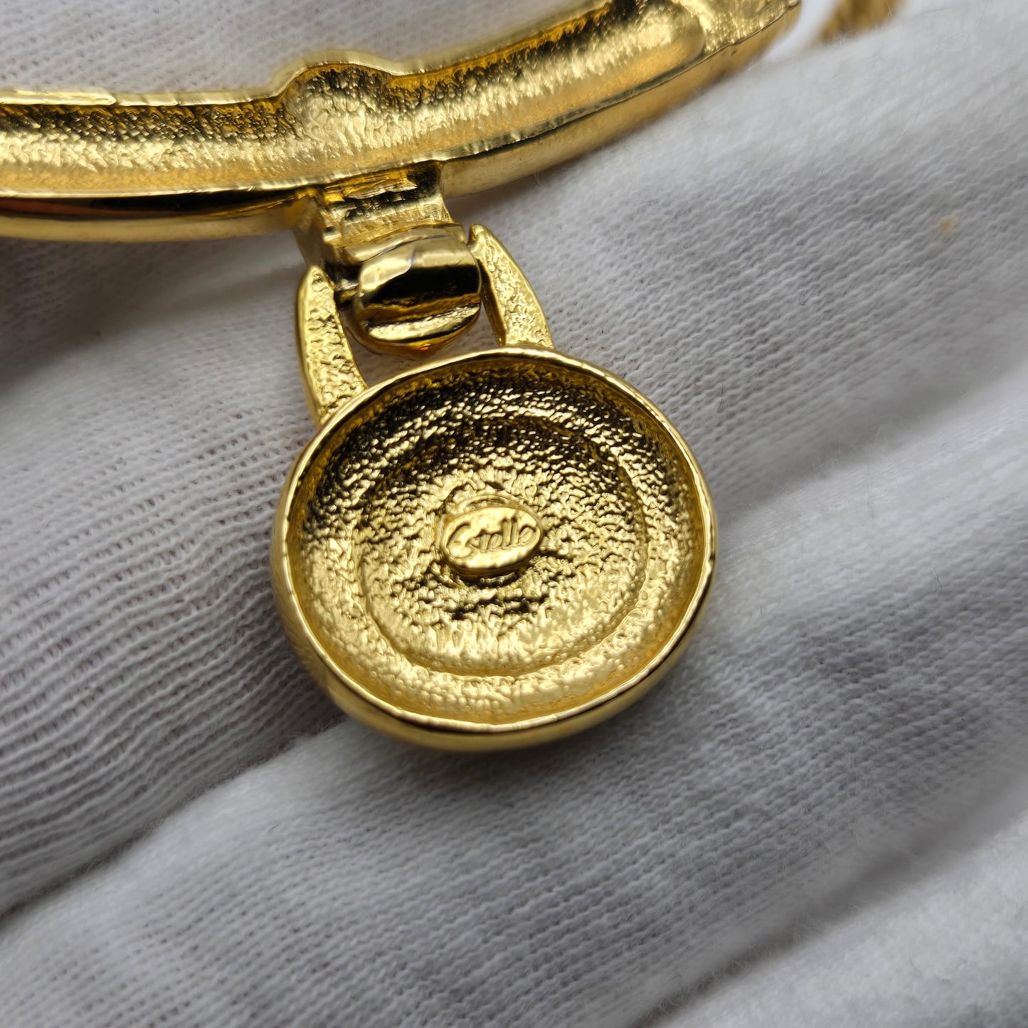 Vintage ESTELLE Signed Green Cabochon, Rhinestones, Gold Tone Necklace and Earrings Set, Runway Designer