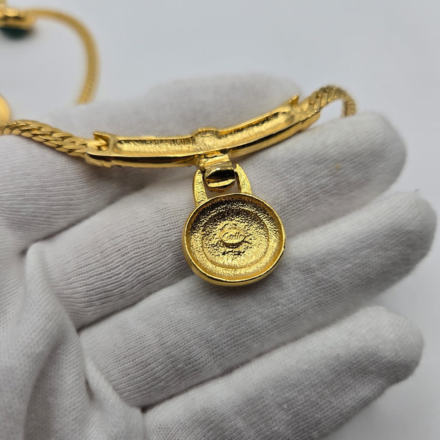 Vintage ESTELLE Signed Green Cabochon, Rhinestones, Gold Tone Necklace and Earrings Set, Runway Designer