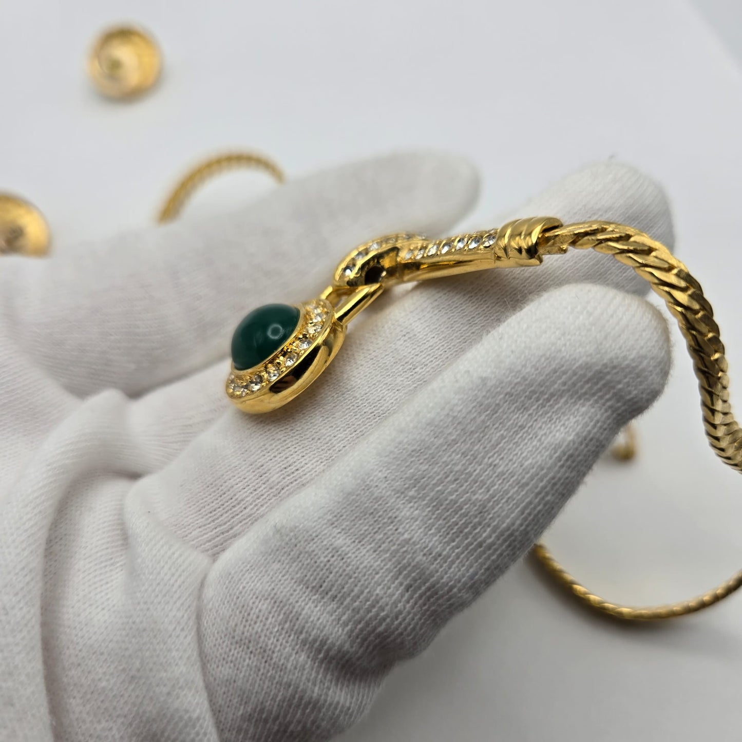 Vintage ESTELLE Signed Green Cabochon, Rhinestones, Gold Tone Necklace and Earrings Set, Runway Designer