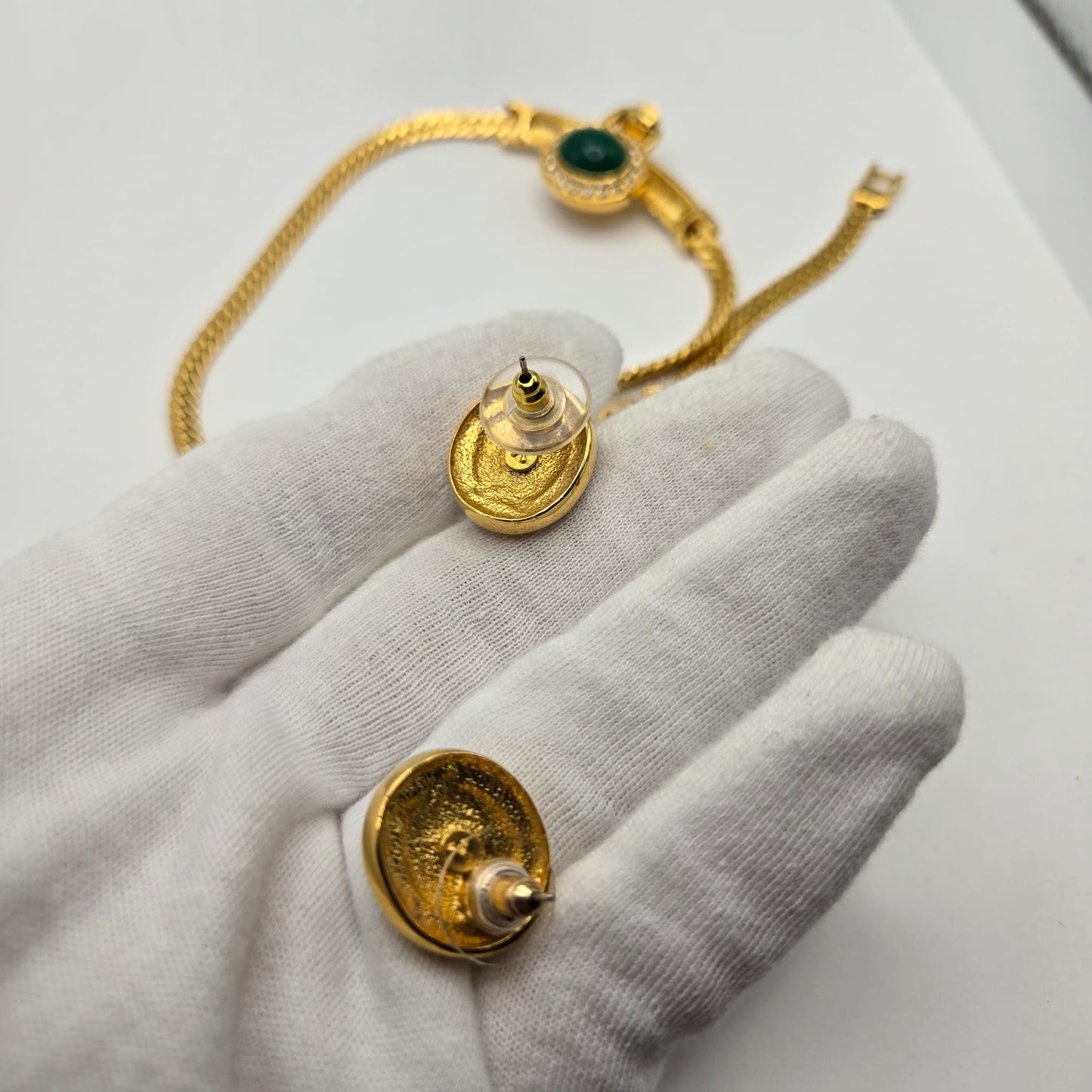 Vintage ESTELLE Signed Green Cabochon, Rhinestones, Gold Tone Necklace and Earrings Set, Runway Designer