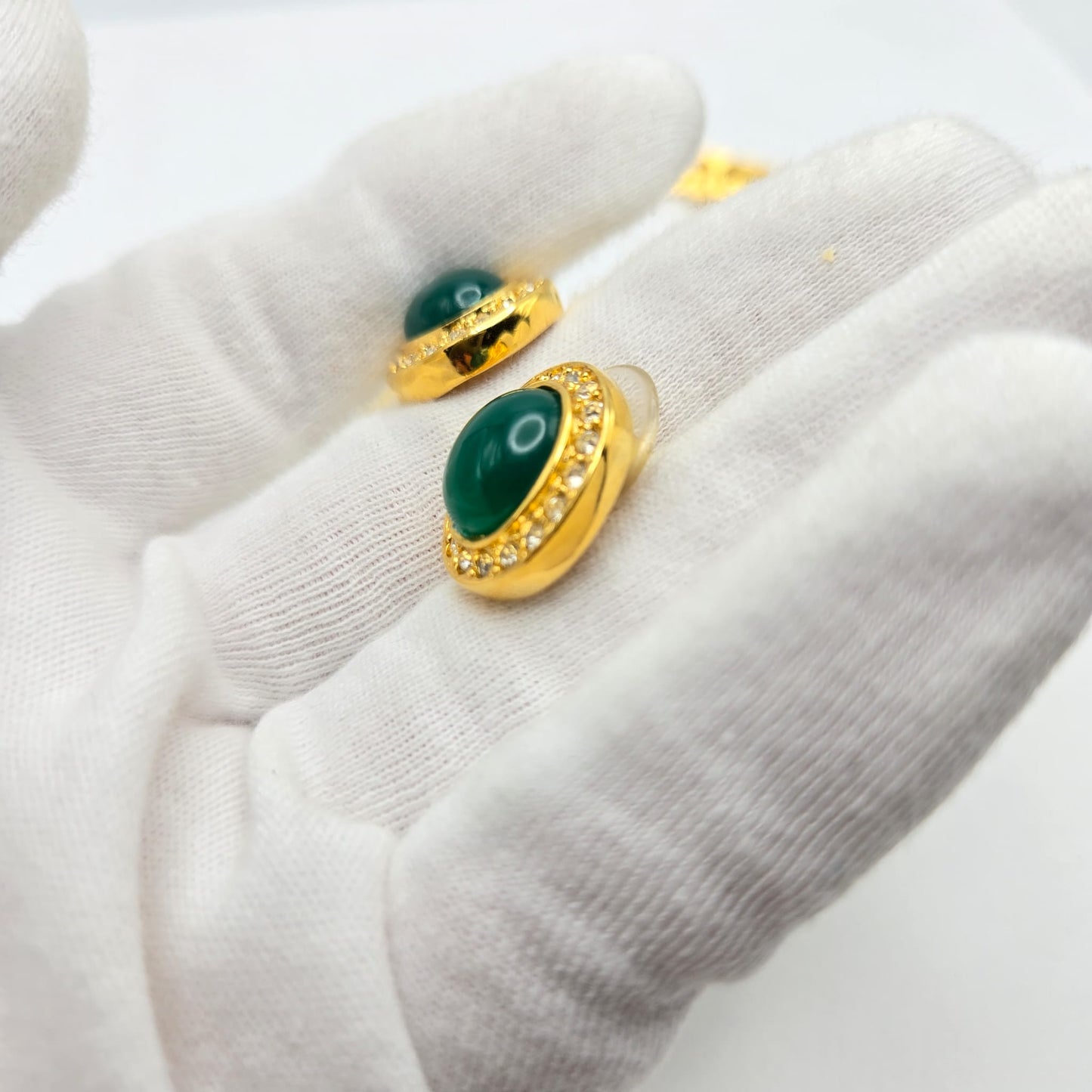 Vintage ESTELLE Signed Green Cabochon, Rhinestones, Gold Tone Necklace and Earrings Set, Runway Designer