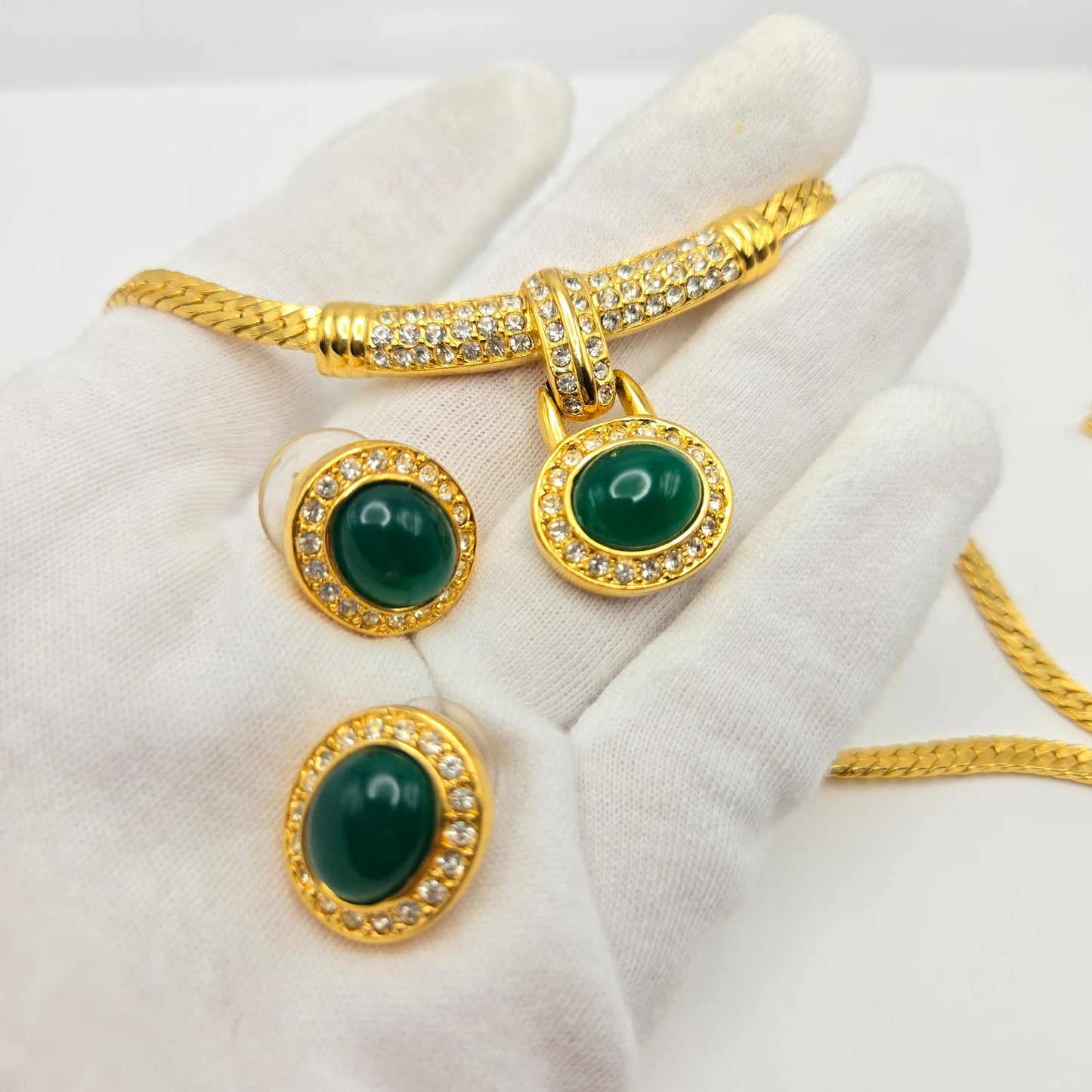 Vintage ESTELLE Signed Green Cabochon, Rhinestones, Gold Tone Necklace and Earrings Set, Runway Designer
