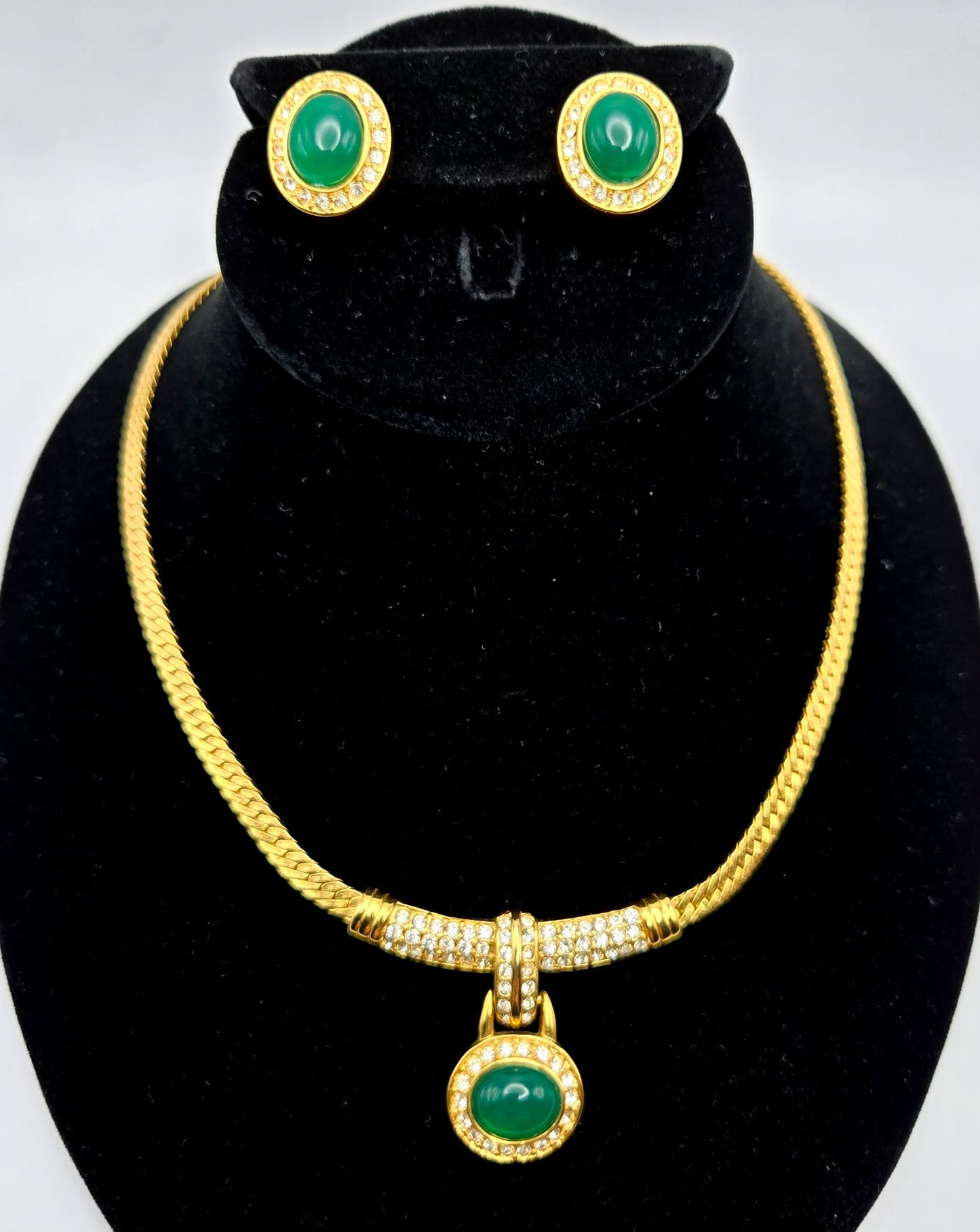Vintage ESTELLE Signed Green Cabochon, Rhinestones, Gold Tone Necklace and Earrings Set, Runway Designer