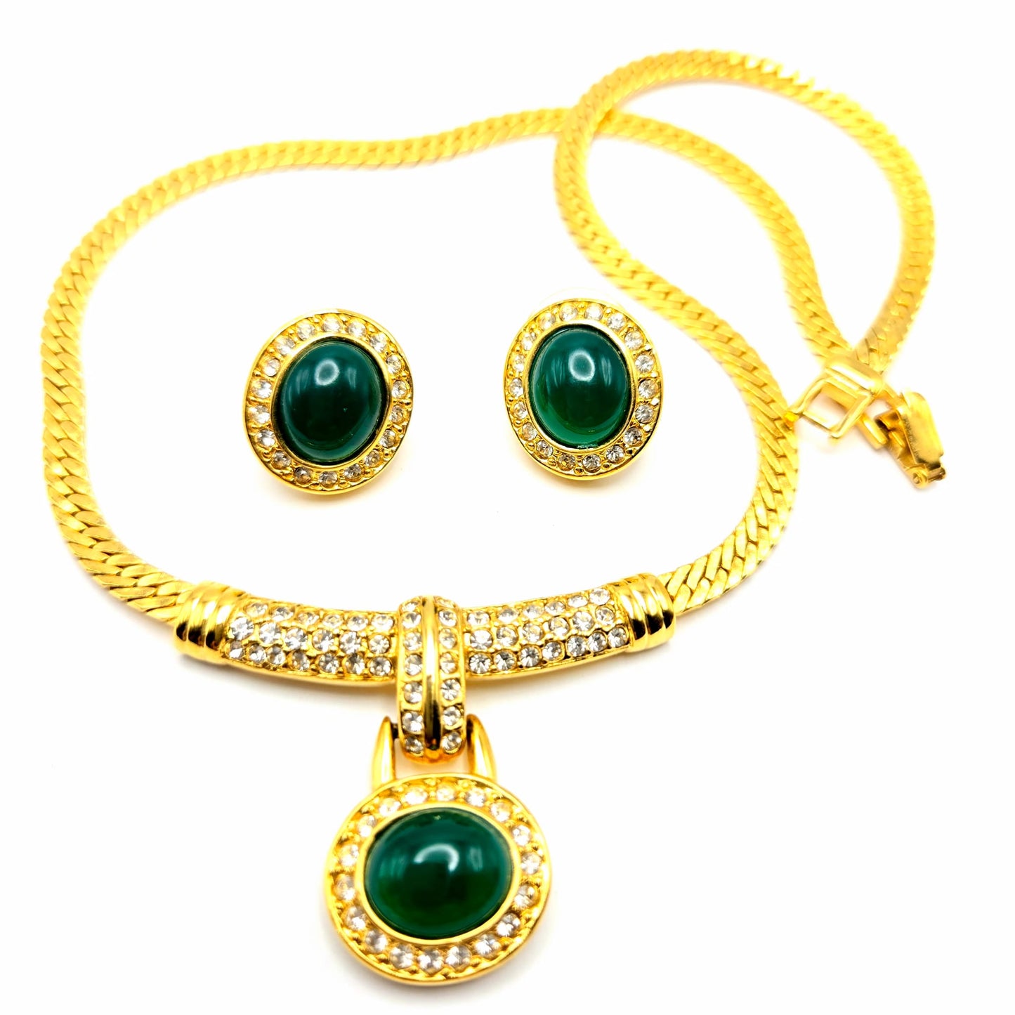 Vintage ESTELLE Signed Green Cabochon, Rhinestones, Gold Tone Necklace and Earrings Set, Runway Designer