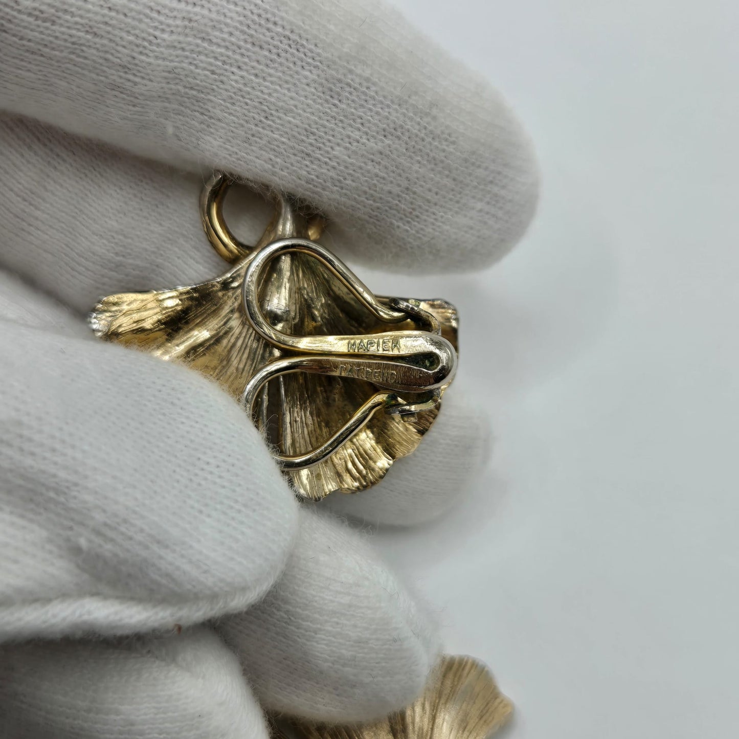 Vintage NAPIER STERLING Signed Ginkgo Leaf, Faux Pearl, Gold Tone Brooch pin and Clip on Earrings Set