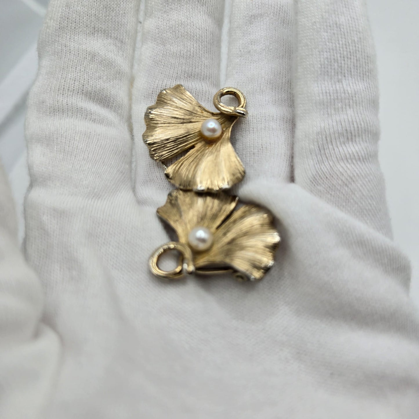 Vintage NAPIER STERLING Signed Ginkgo Leaf, Faux Pearl, Gold Tone Brooch pin and Clip on Earrings Set