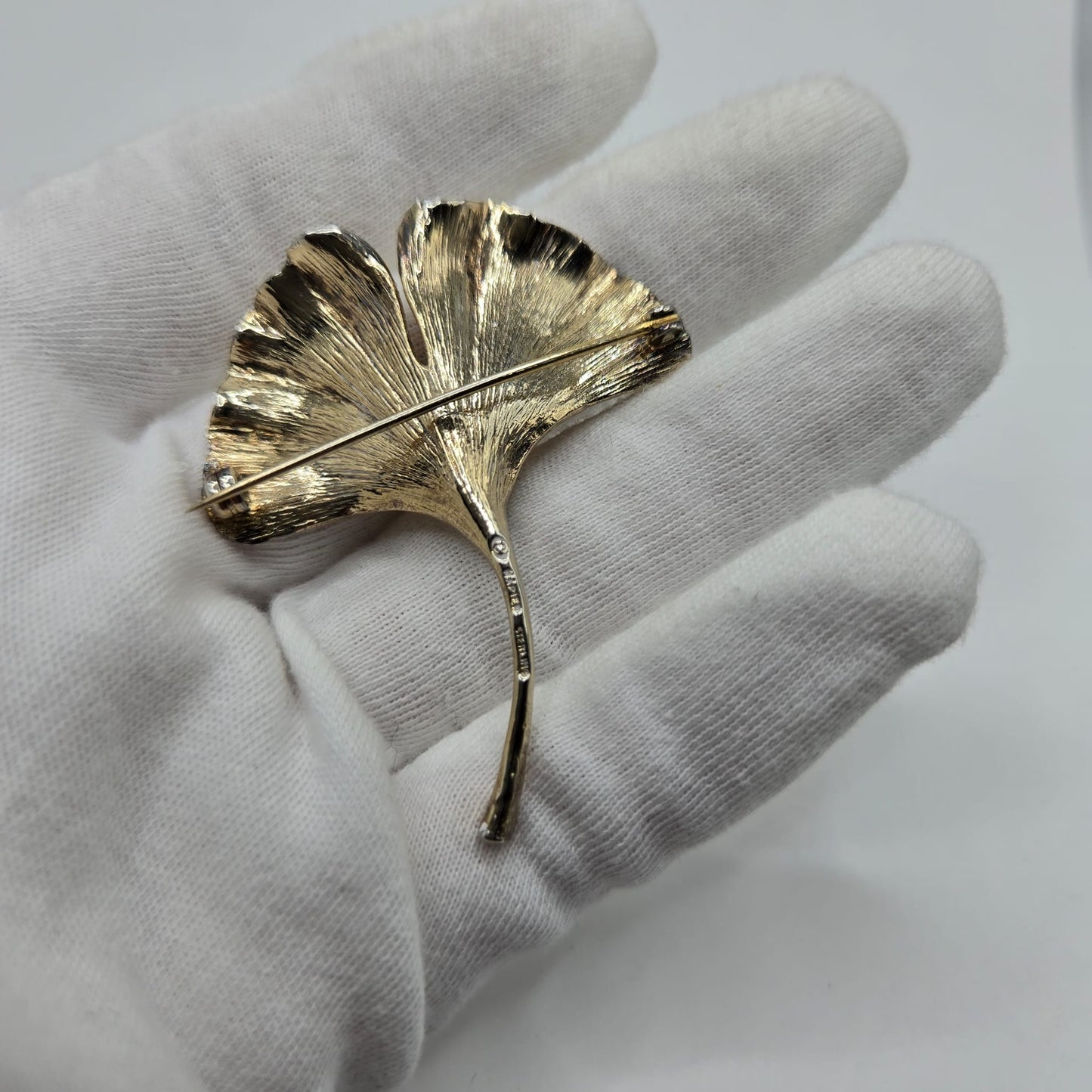 Vintage NAPIER STERLING Signed Ginkgo Leaf, Faux Pearl, Gold Tone Brooch pin and Clip on Earrings Set