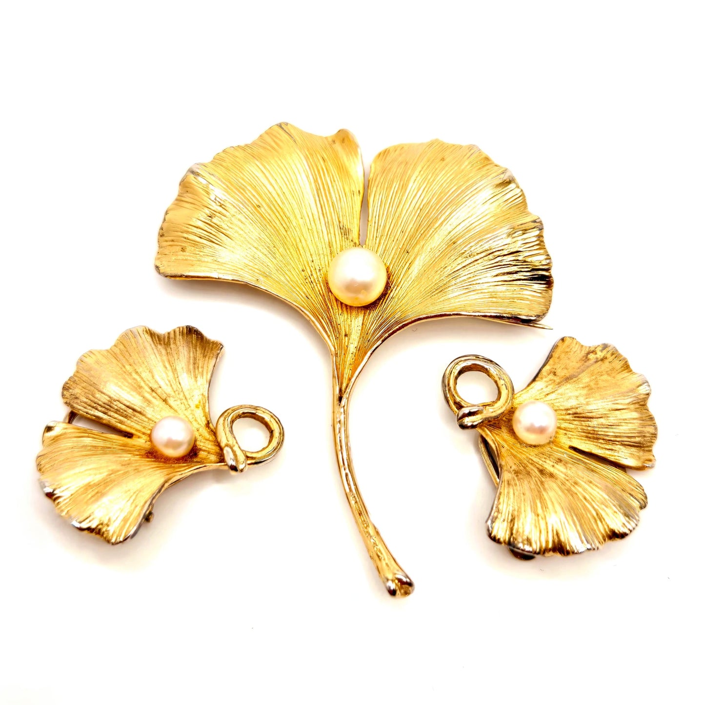 Vintage NAPIER STERLING Signed Ginkgo Leaf, Faux Pearl, Gold Tone Brooch pin and Clip on Earrings Set