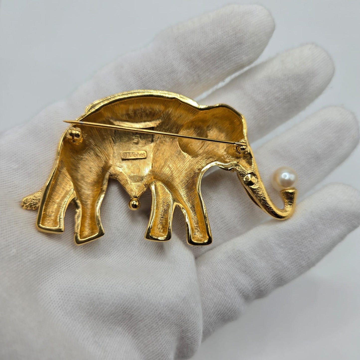 Vintage MONET Signed 1990’s Elephant, Navy Blue, Red Enamel, Faux Pearl, Gold Tone Classic Statement Brooch Pin