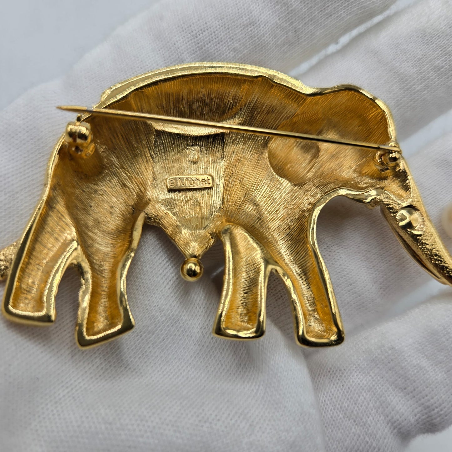 Vintage MONET Signed 1990’s Elephant, Navy Blue, Red Enamel, Faux Pearl, Gold Tone Classic Statement Brooch Pin