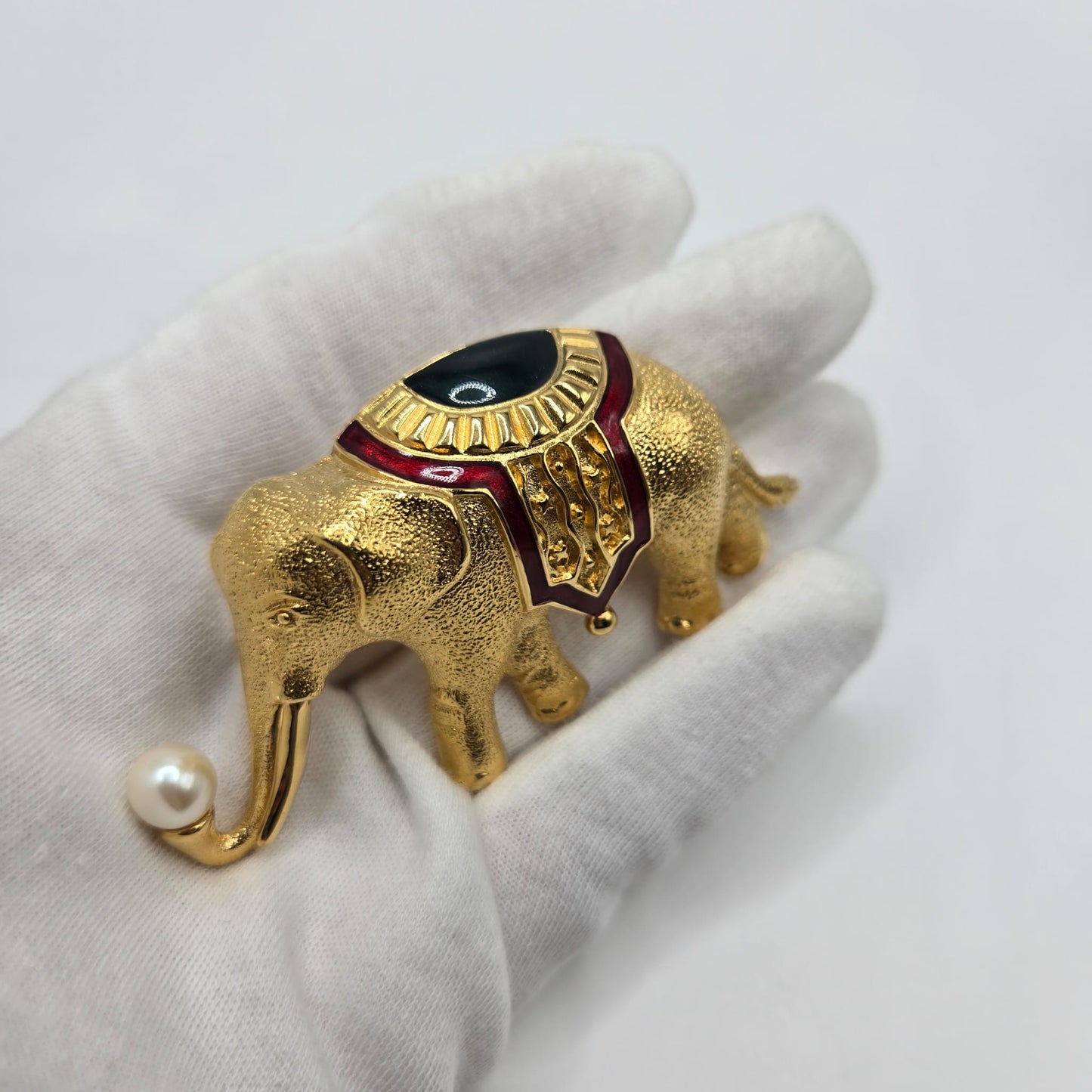 Vintage MONET Signed 1990’s Elephant, Navy Blue, Red Enamel, Faux Pearl, Gold Tone Classic Statement Brooch Pin