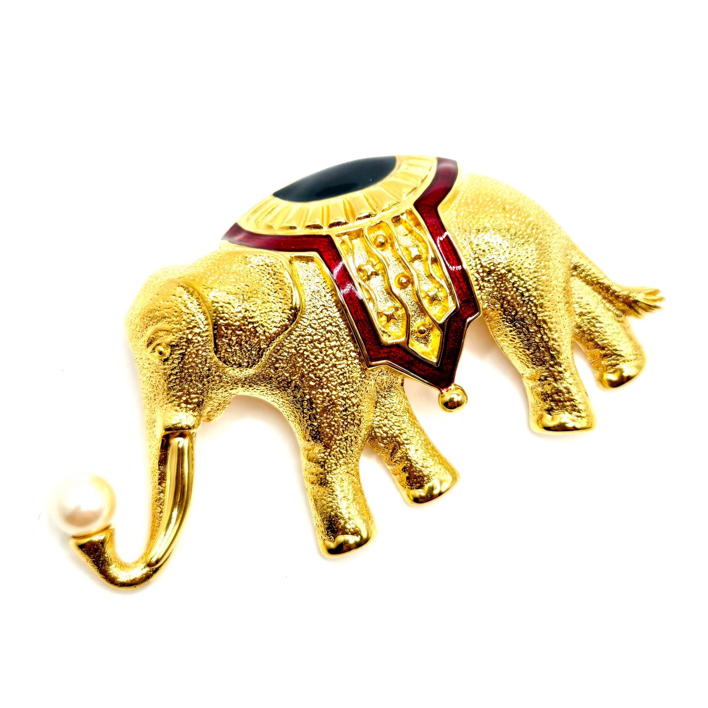 Vintage MONET Signed 1990’s Elephant, Navy Blue, Red Enamel, Faux Pearl, Gold Tone Classic Statement Brooch Pin