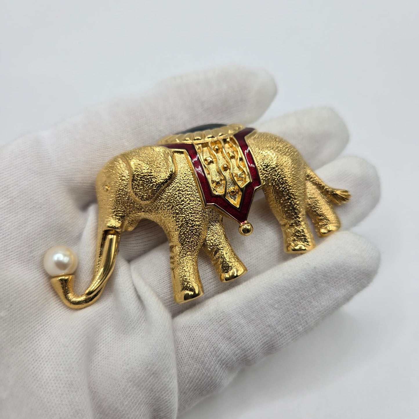 Vintage MONET Signed 1990’s Elephant, Navy Blue, Red Enamel, Faux Pearl, Gold Tone Classic Statement Brooch Pin