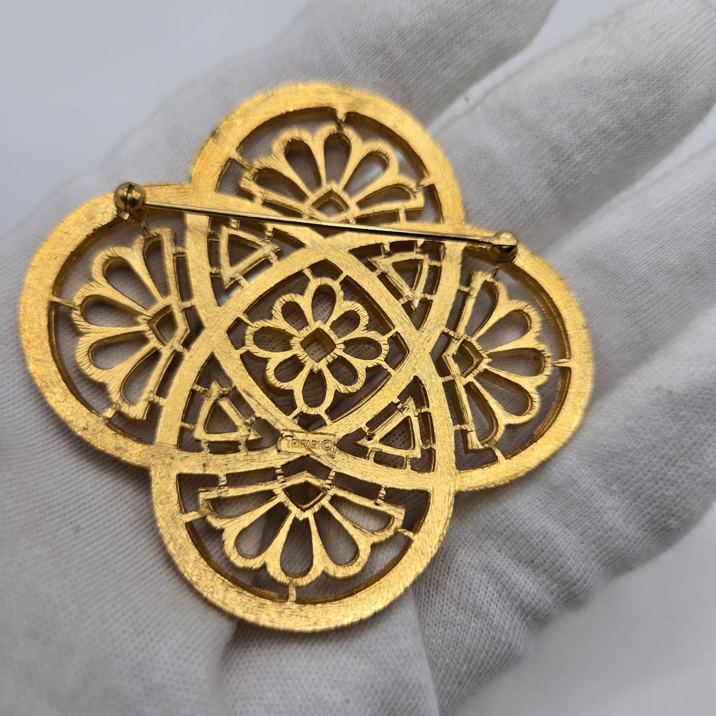 Vintage TRIFARI Crown Flower Celtic Knot Cutwork/Cross Gold Tone Brooch pin