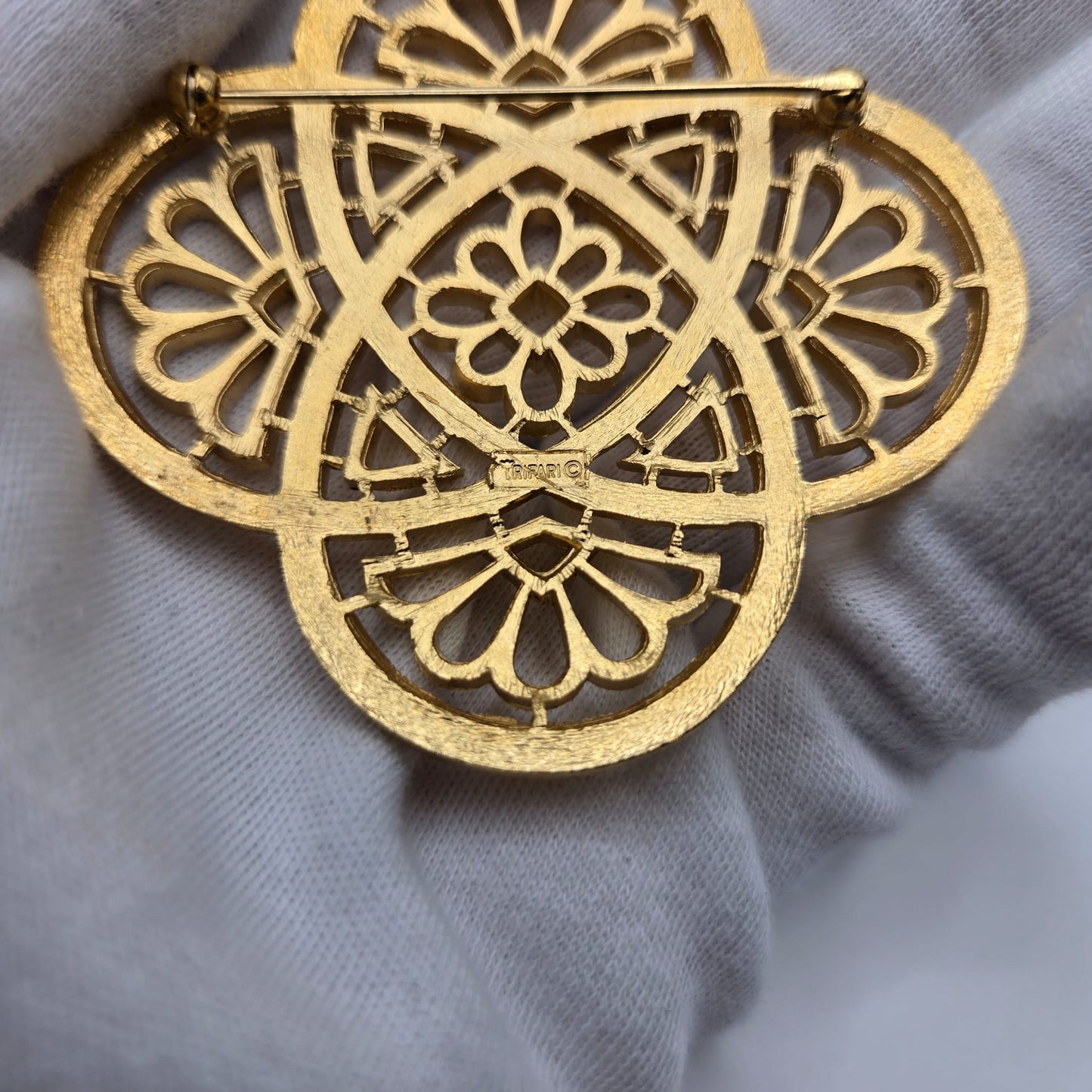 Vintage TRIFARI Crown Flower Celtic Knot Cutwork/Cross Gold Tone Brooch pin