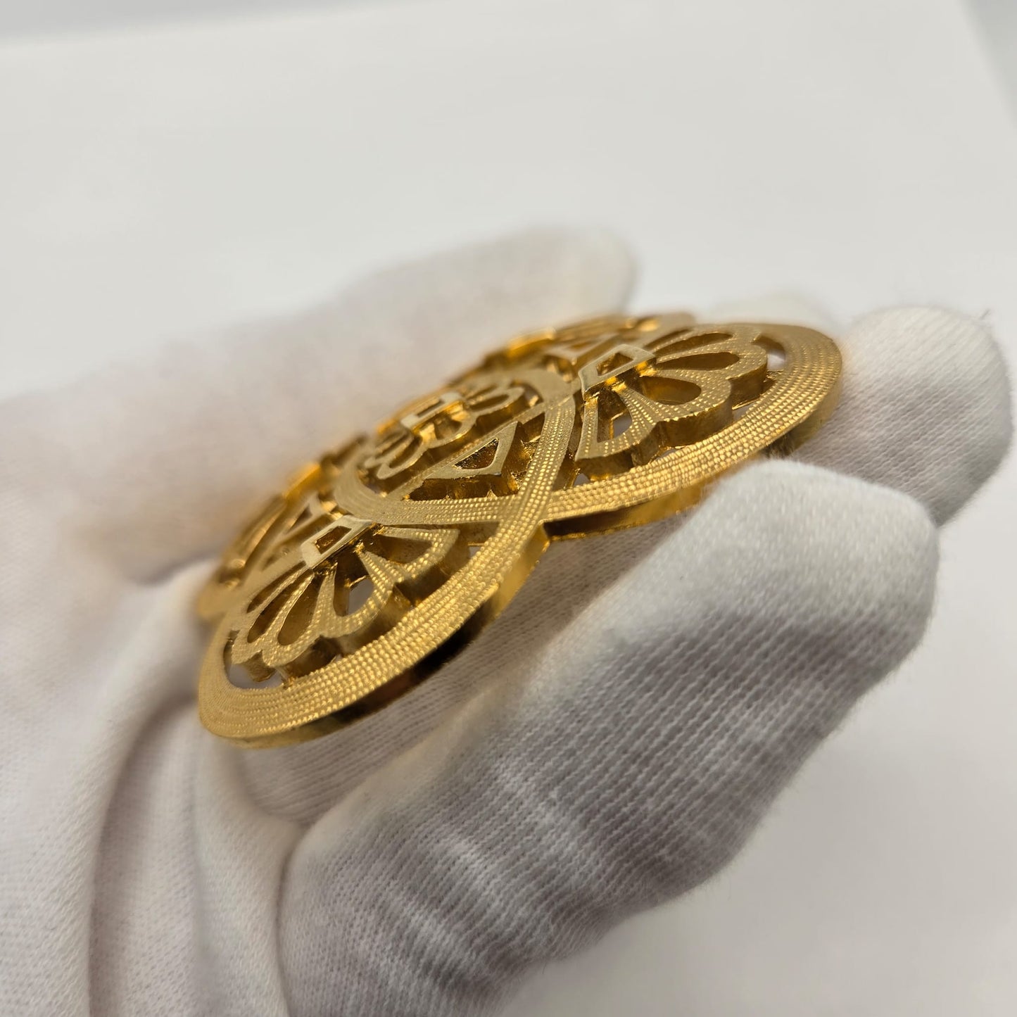 Vintage TRIFARI Crown Flower Celtic Knot Cutwork/Cross Gold Tone Brooch pin