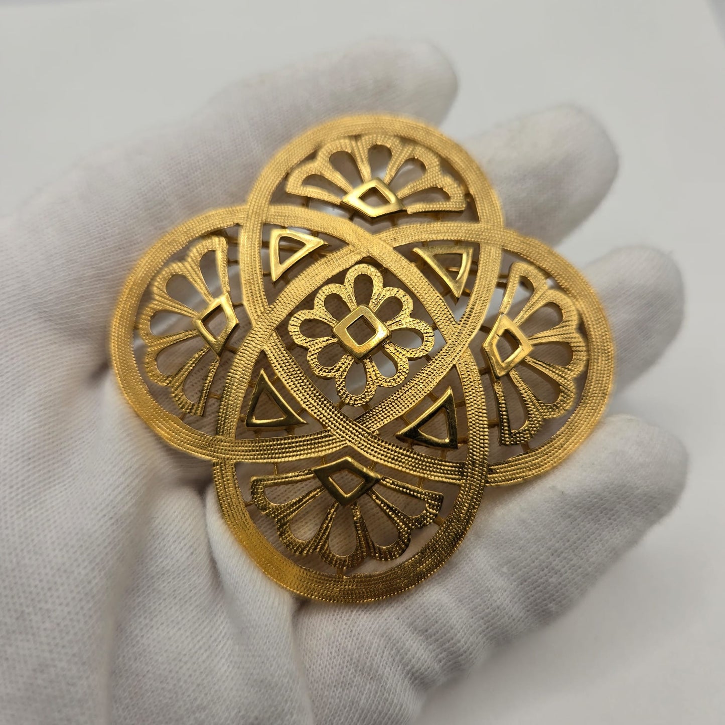 Vintage TRIFARI Crown Flower Celtic Knot Cutwork/Cross Gold Tone Brooch pin