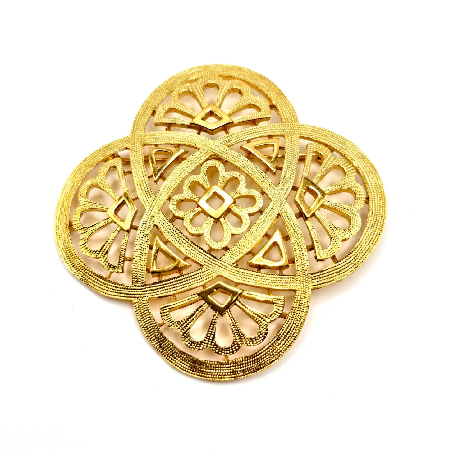 Vintage TRIFARI Crown Flower Celtic Knot Cutwork/Cross Gold Tone Brooch pin