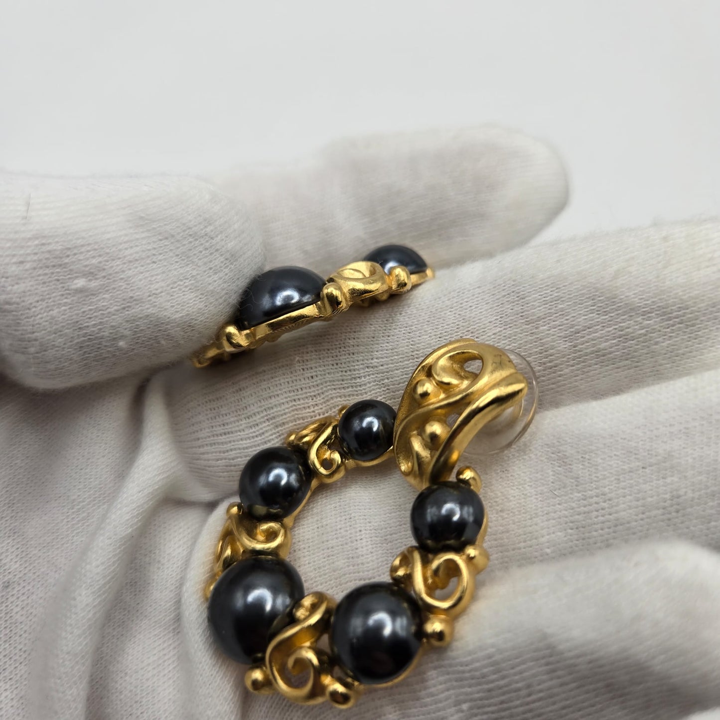 Vintage MONET Door Knocker, Faux Black Pearls, Gold Tone Pierced Earrings
