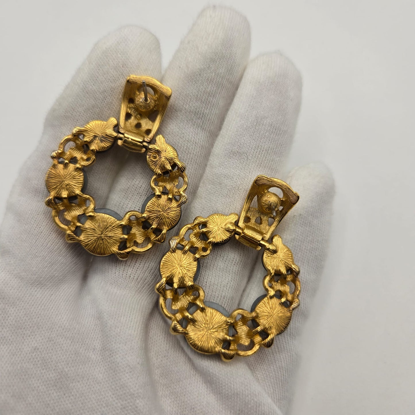 Vintage MONET Door Knocker, Faux Black Pearls, Gold Tone Pierced Earrings